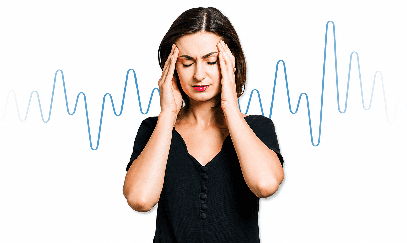Woman with headache, wavy lines background.