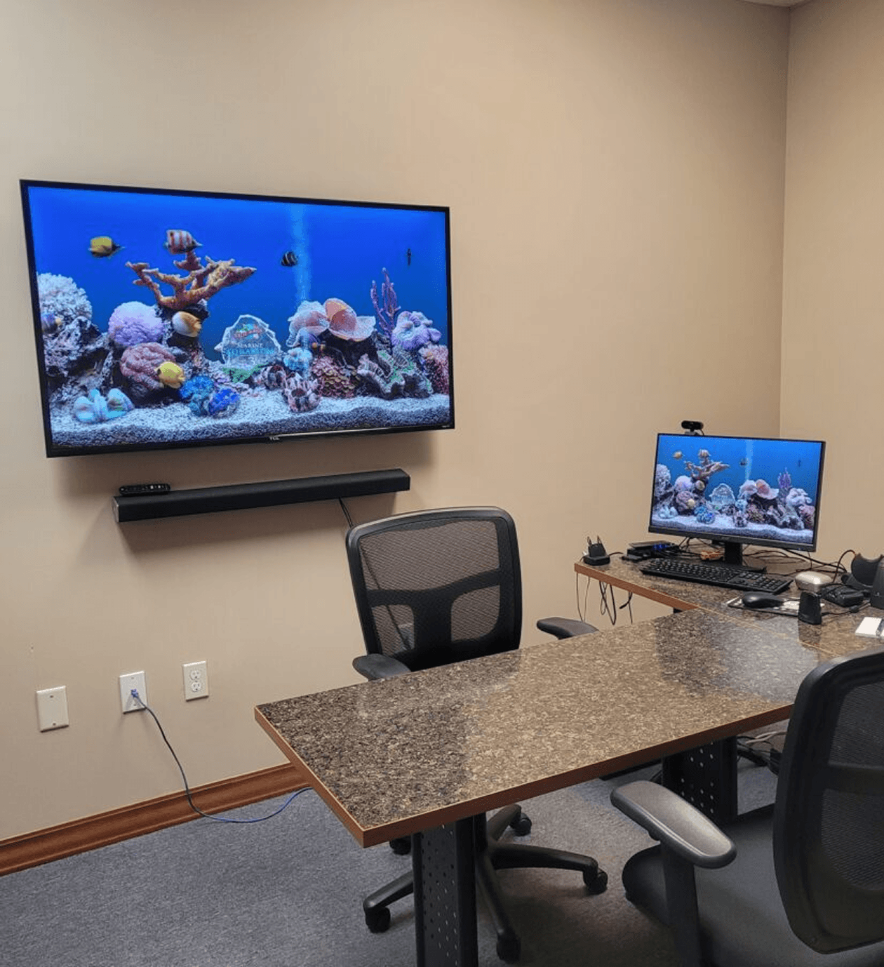 Office with aquarium screens on walls.